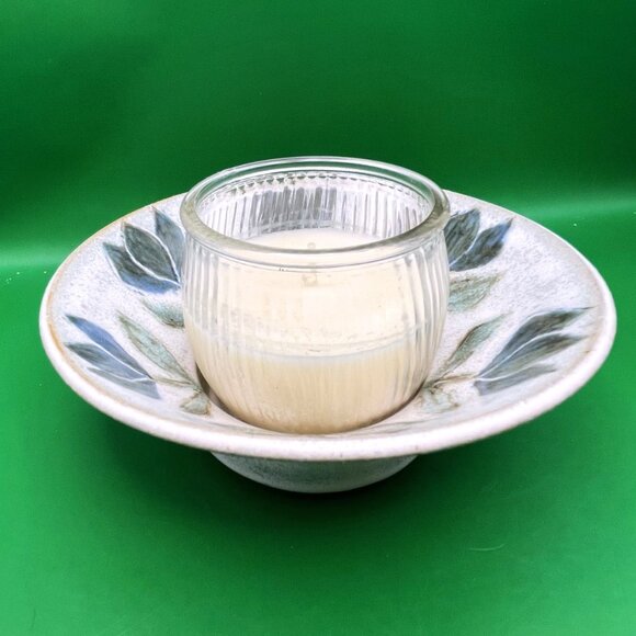 VTG Signed Studio Pottery Candle Dish 2000 Blue Floral Hand Painted Stoneware - Picture 1 of 11